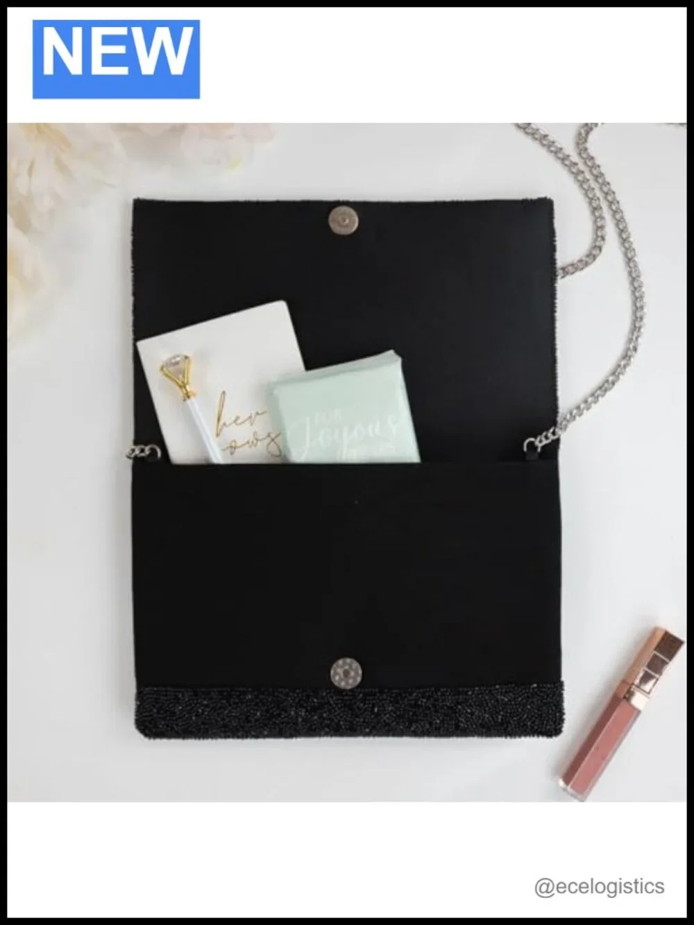 Hand-Beaded Clutch Black Bridal Evening Bag with Chain
